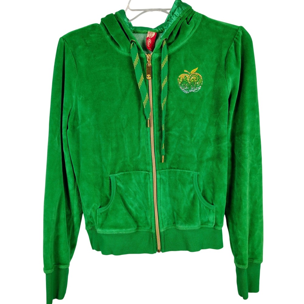 Apple Bottoms Womens M Velour Zip Hoodie Green Rhinestone Y2K McBling Streetwear